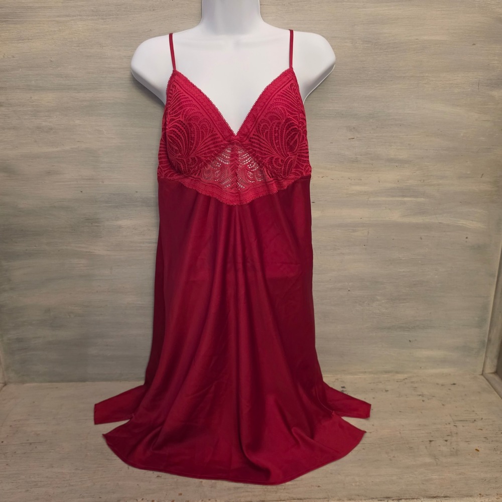 Soma Crimson Red Satiny Sheer Lace Bodice Aline Chemise Slip Nightgown Large GC